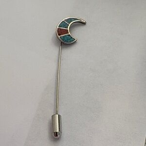 Vintage Silver-tone Coral and Turquoise Crescent Stick Pin